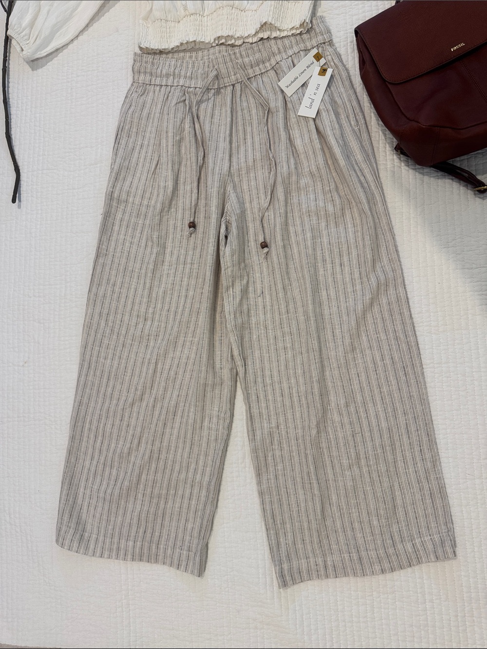 NWT Linen-Blend Wide Leg Stripe Pants in Beige and Cream Size Small - Picture 2 of 10